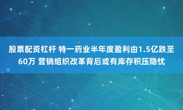 股票配资杠杆 特一药业半年度盈利由1.5亿跌至60万 营销组织改革背后或有库存积压隐忧